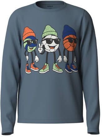 NAME IT KIDS rechtvallende longsleeve met print blauw Jongens Stretchkatoen Ronde hals