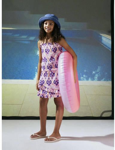 Name it KIDS singlet NKFHABANE met all over print en ruches roze paars Meisjes Polyester Vierkante hals 146 152