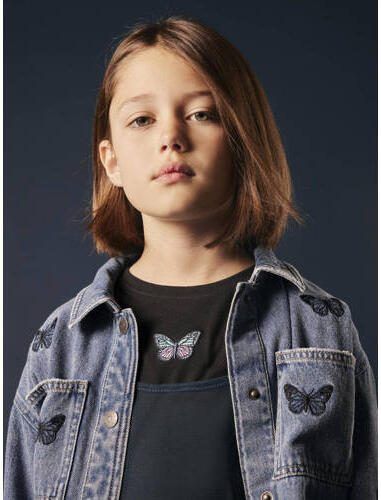 Name it KIDS spijkerjas NKFELLY met all over print medium blue denim Blauw Meisjes Stretchdenim Klassieke kraag 140 - Foto 2