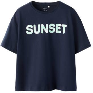 NAME IT KIDS T-shirt donkerblauw Meisjes Katoen Ronde hals Tekst - Foto 3