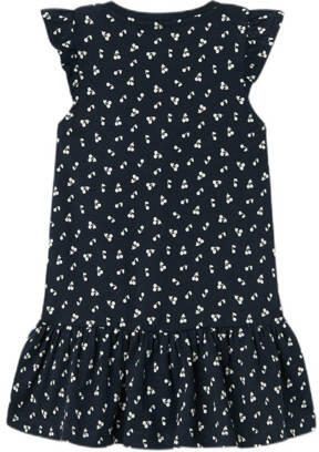Name it MINI A-lijn jurk NMFVIDA met all over print en ruches donkerblauw wit Meisjes Katoen Ronde hals 104