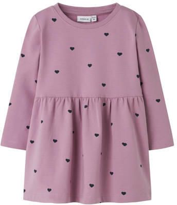 NAME IT MINI A-lijn jurk paars Meisjes Sweat Ronde hals Hartjes