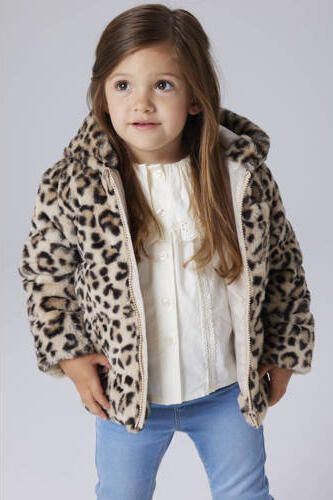 NAME IT MINI faux fur jas met panterprint bruin Meisjes Polyester Capuchon