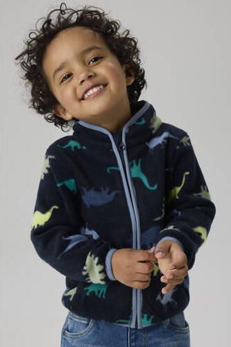NAME IT MINI fleecevest met print donkerblauw Jongens Polyester Opstaande kraag