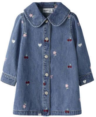 NAME IT MINI gebloemde A-lijn spijkerjurk met borduursels middelblauw Meisjes Denim Peter Pan-kraag