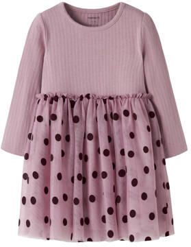NAME IT MINI gebreide midi jurk met ruches en stippen roze Meisjes Katoen Ronde hals - Foto 3