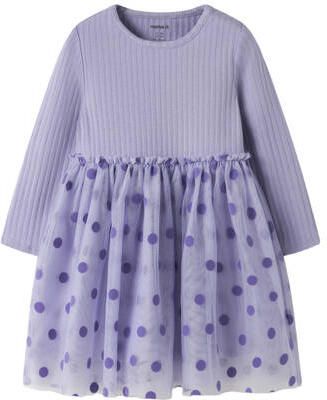 NAME IT MINI gebreide midi jurk met stippen paars Meisjes Katoen Ronde hals - Foto 3