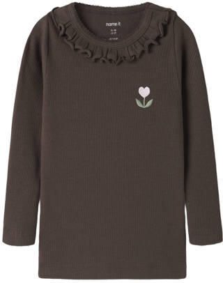 NAME IT MINI gebreide top met ruches donkerbruin Meisjes Katoen Ronde hals