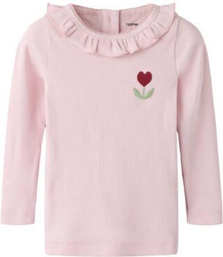 NAME IT MINI gebreide top met ruches roze Meisjes Katoen Ronde hals Effen