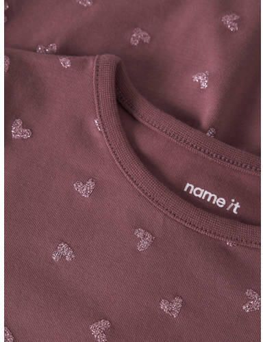 NAME IT MINI korte jurk met hartjes roodbruin Meisjes Stretchkatoen Ronde hals glitter - Foto 2