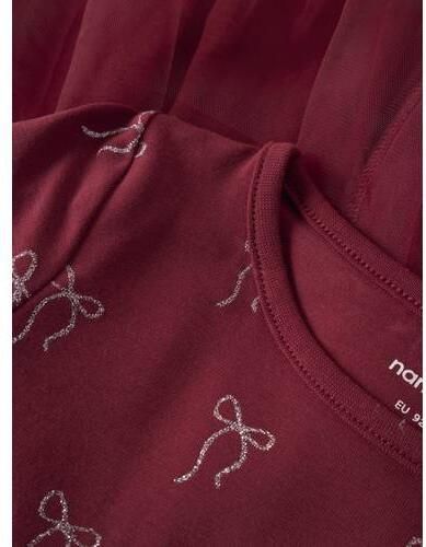 NAME IT MINI midi jurk met tule details donkerrood Meisjes Stretchkatoen Ronde hals - Foto 4