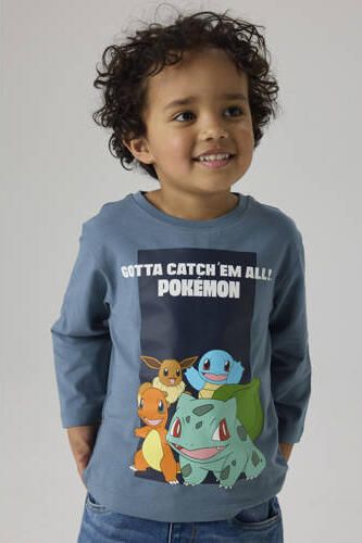 NAME IT MINI Pokemon longsleeve met print blauw Jongens Stretchkatoen Ronde hals