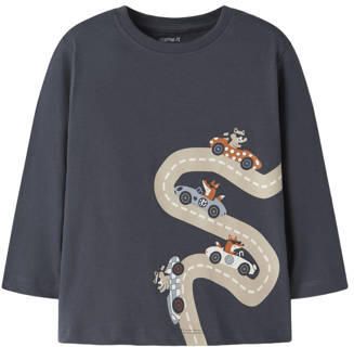 NAME IT MINI rechtvallende longsleeve met print grijsblauw Jongens Katoen Ronde hals