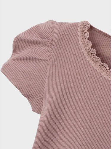 Name it MINI ribgebreid T-shirt NMFKAB met kant mauve Roze Meisjes Stretchkatoen Ronde hals 122 128 - Foto 2