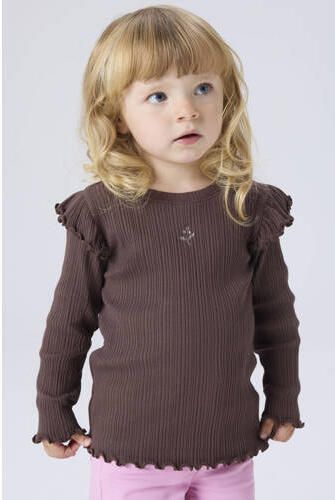 NAME IT MINI slim fit longsleeve met ruches bruin Meisjes Katoen Ronde hals