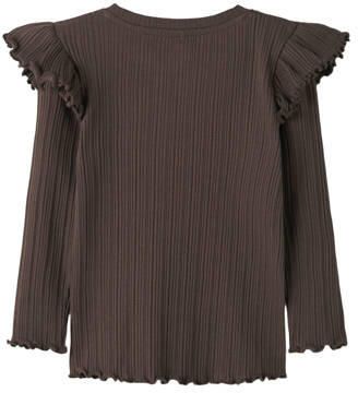 NAME IT MINI slim fit longsleeve met ruches bruin Meisjes Katoen Ronde hals - Foto 3