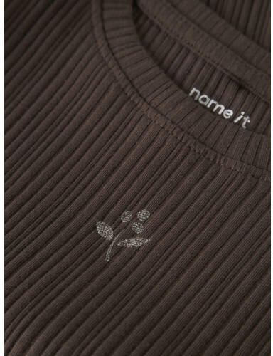 NAME IT MINI slim fit longsleeve met ruches bruin Meisjes Katoen Ronde hals - Foto 2