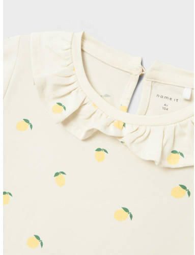 Name it MINI T-shirt met all over print en ruches ecru geel groen Meisjes Stretchkatoen Ronde hals 104