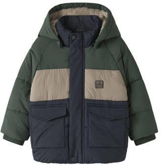 NAME IT MINI winterjas donkerblauw groen beige Jongens Nylon Capuchon