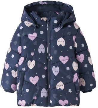 NAME IT MINI winterjas met hartjes blauw Meisjes Polyester Capuchon All over print