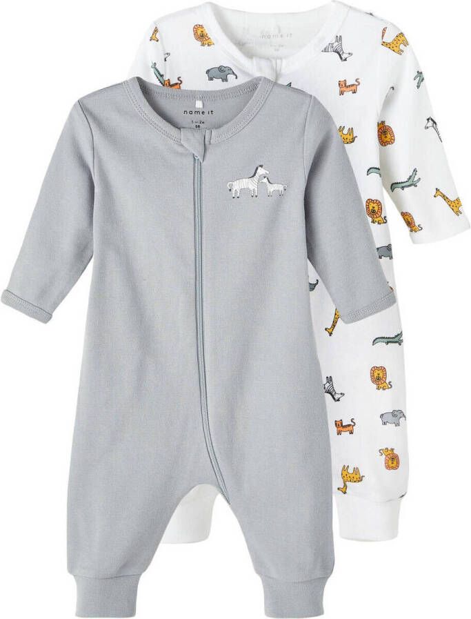 Name it BABY boxpak NBNNIGHTSUIT set van 2 grijs wit Jongens Stretchkatoen (duurzaam) Ronde hals 50
