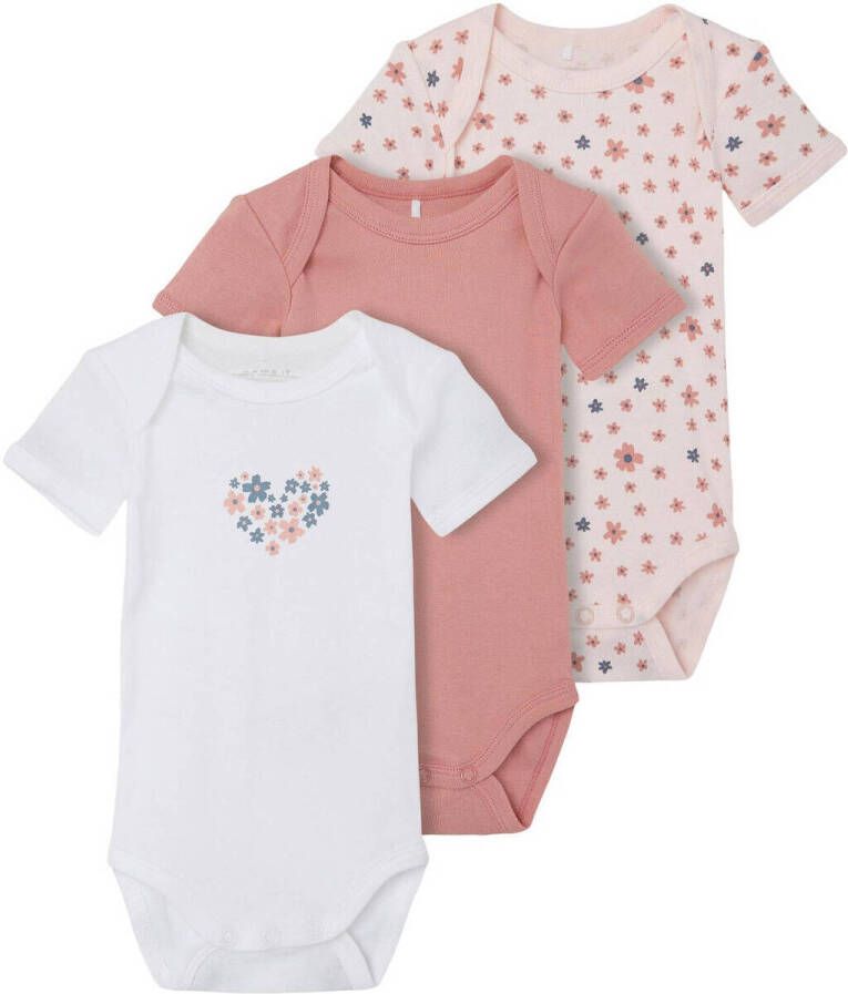 Name it BABY romper NBFBODY ROSETTE FLOWER set van 3 met biologisch katoen roze wit Meisjes Katoen (duurzaam) Ronde hals 56