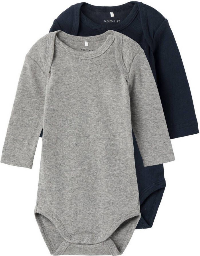 Name it BABY romper NBNBODY- set van 2 donkerblauw grijs melange Stretchkatoen Ronde hals 50 - Foto 4
