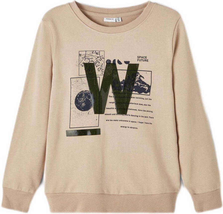 Name it KIDS sweater NKMLOLIVER met printopdruk zand Beige Printopdruk 122 128