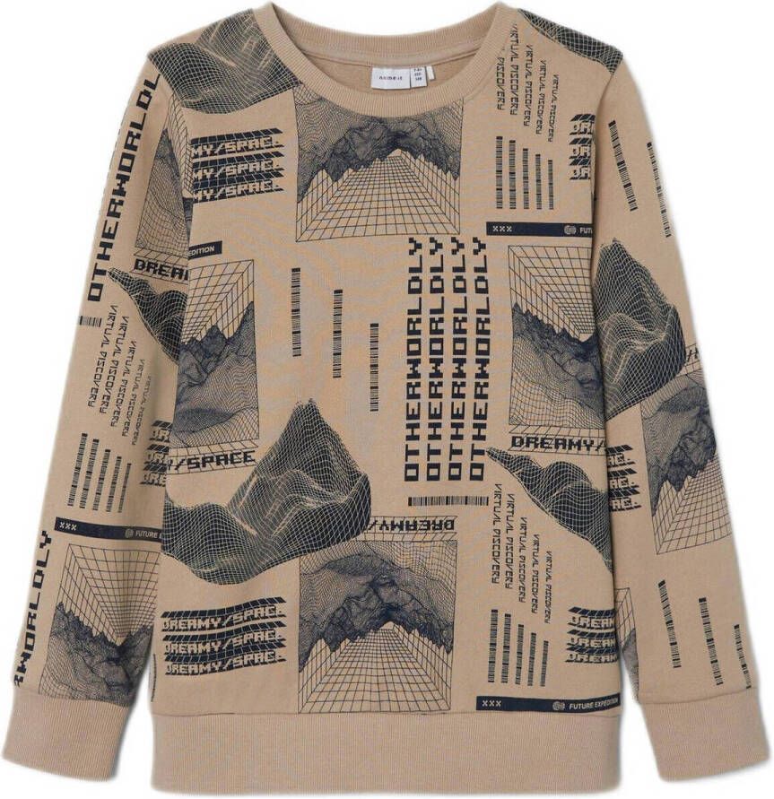Name it KIDS sweater NKMLOLUMBO met all over print zand donkerblauw Beige 122 128