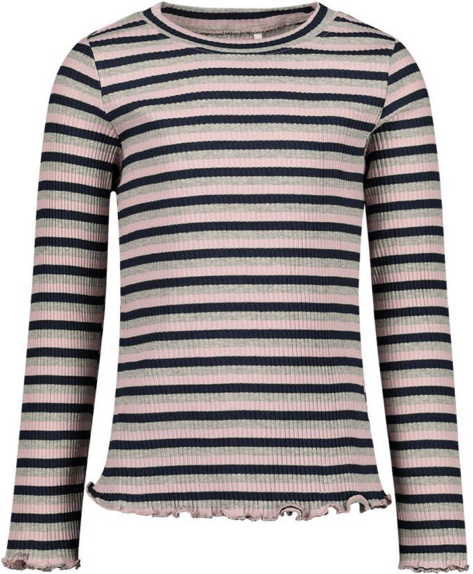 Name it KIDS gestreepte ribgebreide longsleeve NKFVEMMA grijs melange lichtroze donkerblauw Meisjes Stretchkatoen Ronde hals 122 128