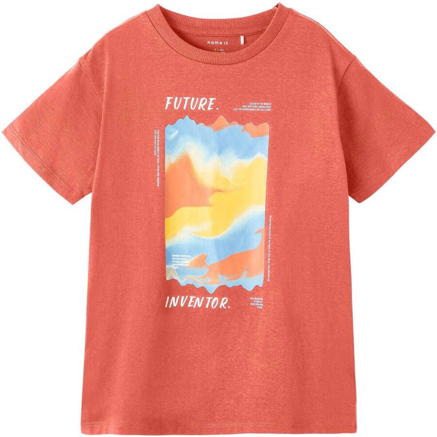 Name it KIDS T-shirt NKMDIMON met printopdruk koraal Oranje Jongens Stretchkatoen (duurzaam) Ronde hals 146 152