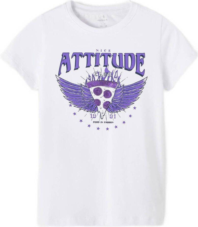 Name it KIDS T-shirt NKFDARIA met printopdruk en pailletten wit Meisjes Stretchkatoen Ronde hals 122 128