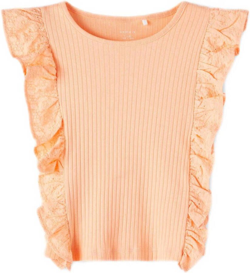 NAME IT KIDS ribgebreide top NKFFLONE met ruches perzik