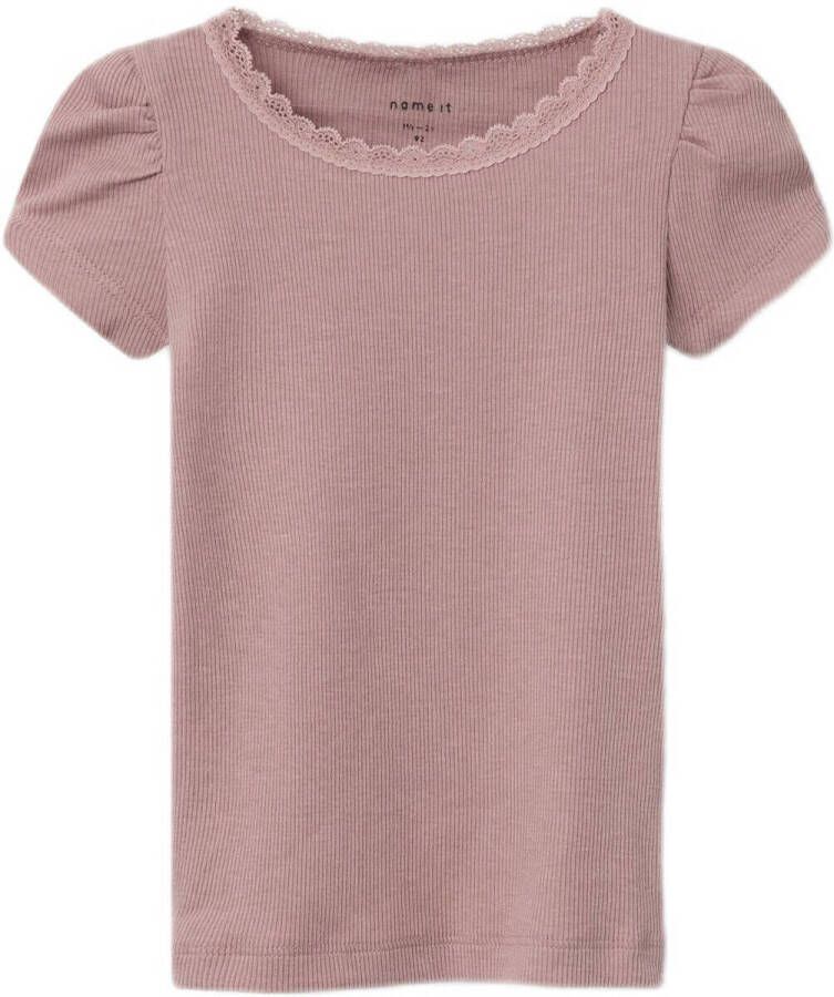 Name it MINI ribgebreid T-shirt NMFKAB met kant mauve Roze Meisjes Stretchkatoen Ronde hals 122 128