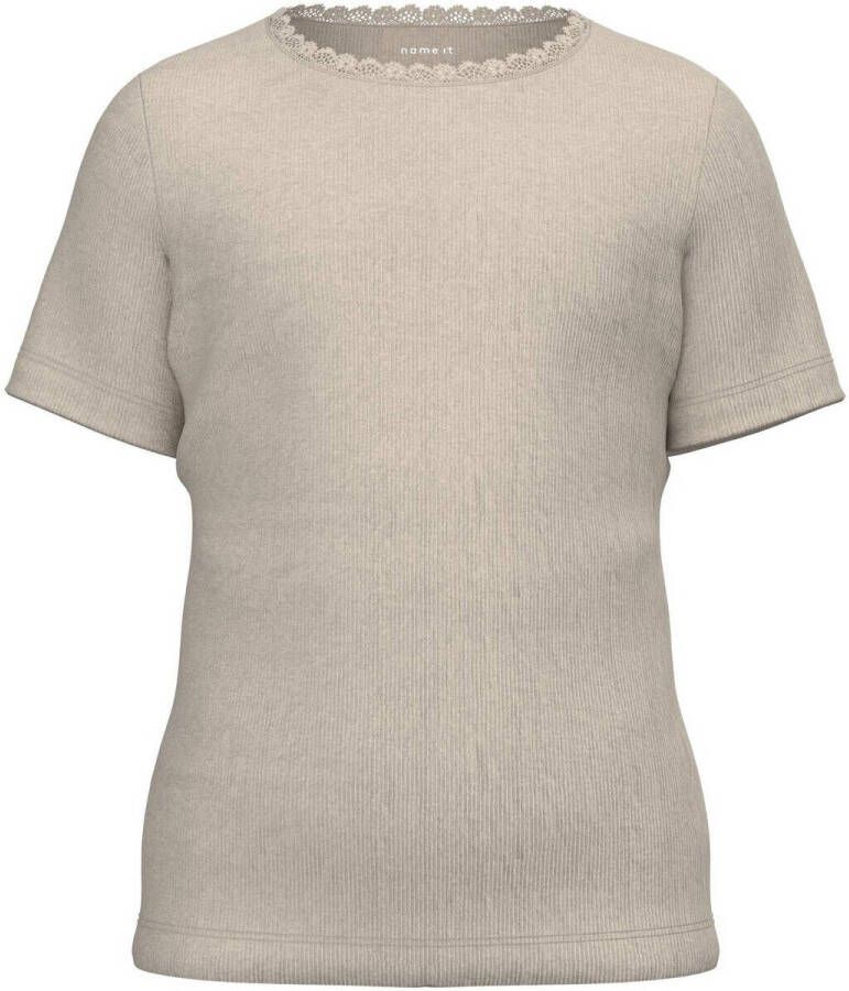Name it KIDS ribgebreid T-shirt NKFKAB met kant grijs Meisjes Stretchkatoen (duurzaam) Ronde hals 134 140