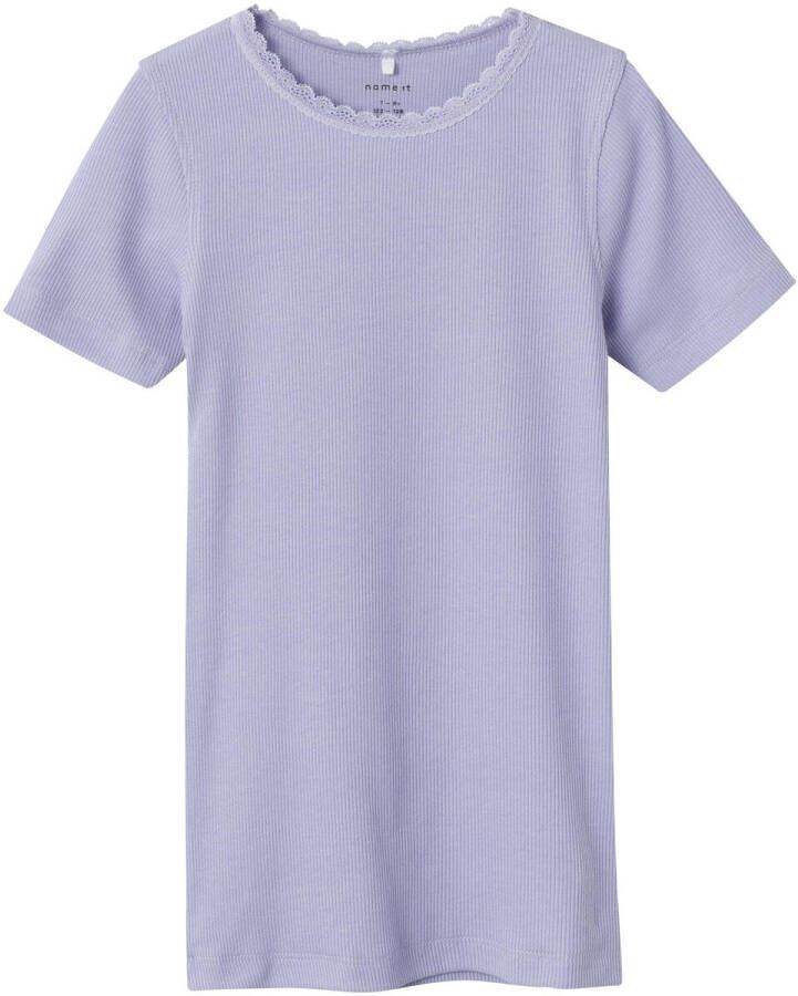 Name it KIDS ribgebreid T-shirt NKFKAB met kant lichtblauw Meisjes Stretchkatoen (duurzaam) Ronde hals 122 128 - Foto 3