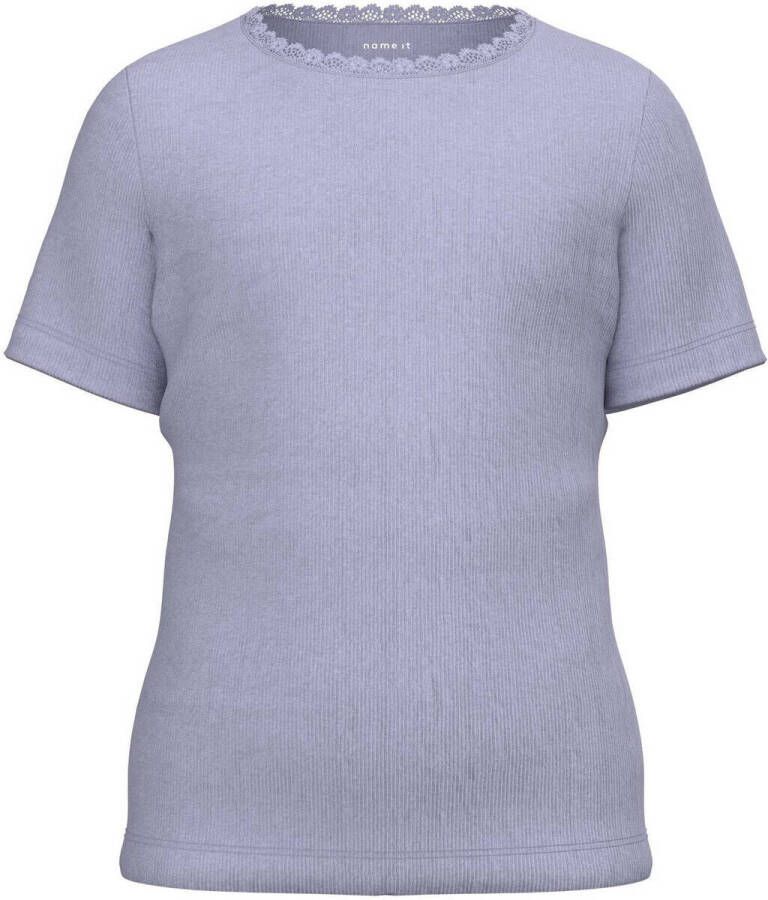 Name it KIDS ribgebreid T-shirt NKFKAB met kant lichtblauw Meisjes Stretchkatoen (duurzaam) Ronde hals 122 128