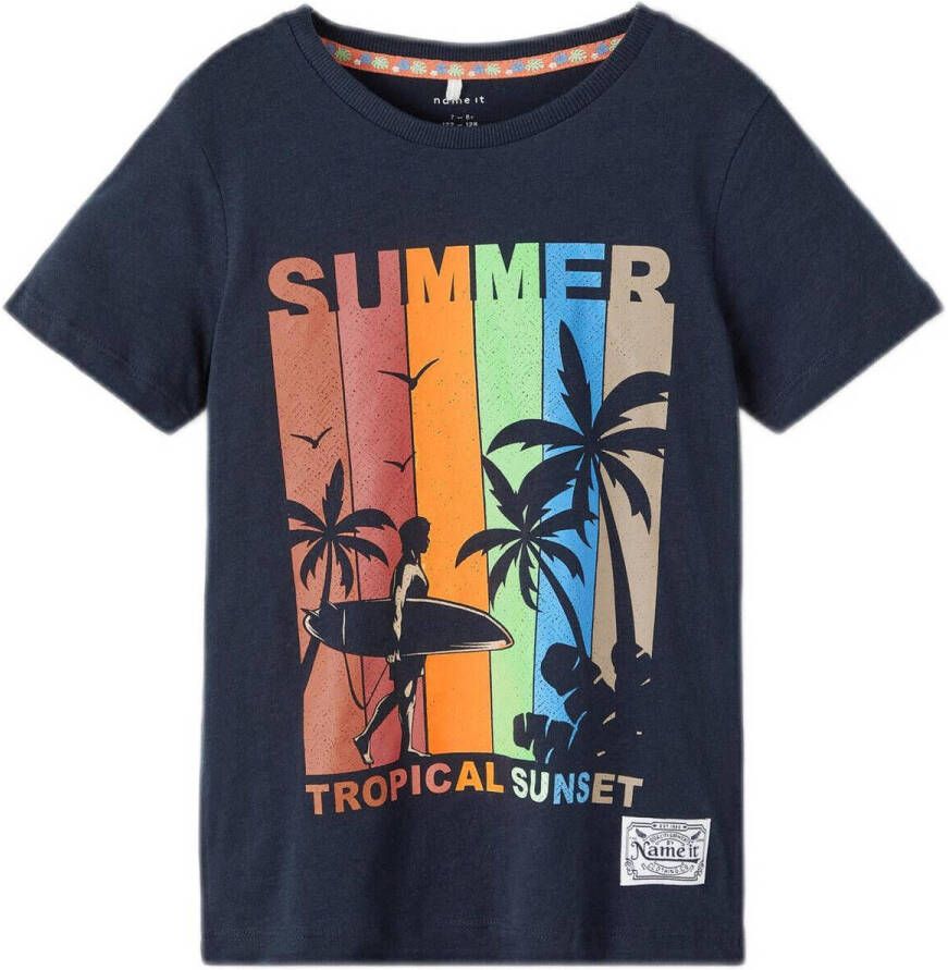 NAME IT KIDS T-shirt NKMFLASKA met printopdruk donkerblauw