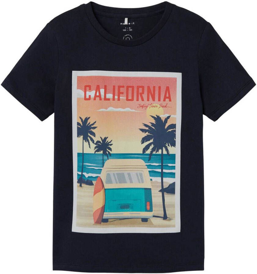 Name it KIDS T-shirt NKMHAMMO met printopdruk donkerblauw Jongens Katoen (duurzaam) Ronde hals 122 128