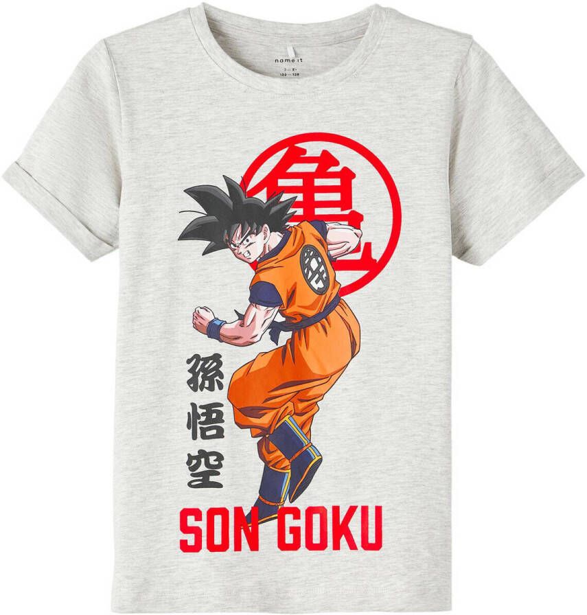 Name it KIDS T-shirt NKMARLY DRAGONBALL met printopdruk lichtgrijs melange Jongens Stretchkatoen Ronde hals 122 128