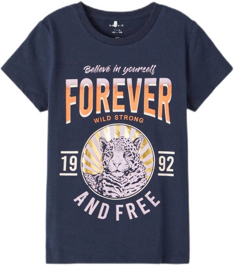 Name it KIDS T-shirt NKFHECILLE met printopdruk donkerblauw Meisjes Katoen (duurzaam) Ronde hals 134 140