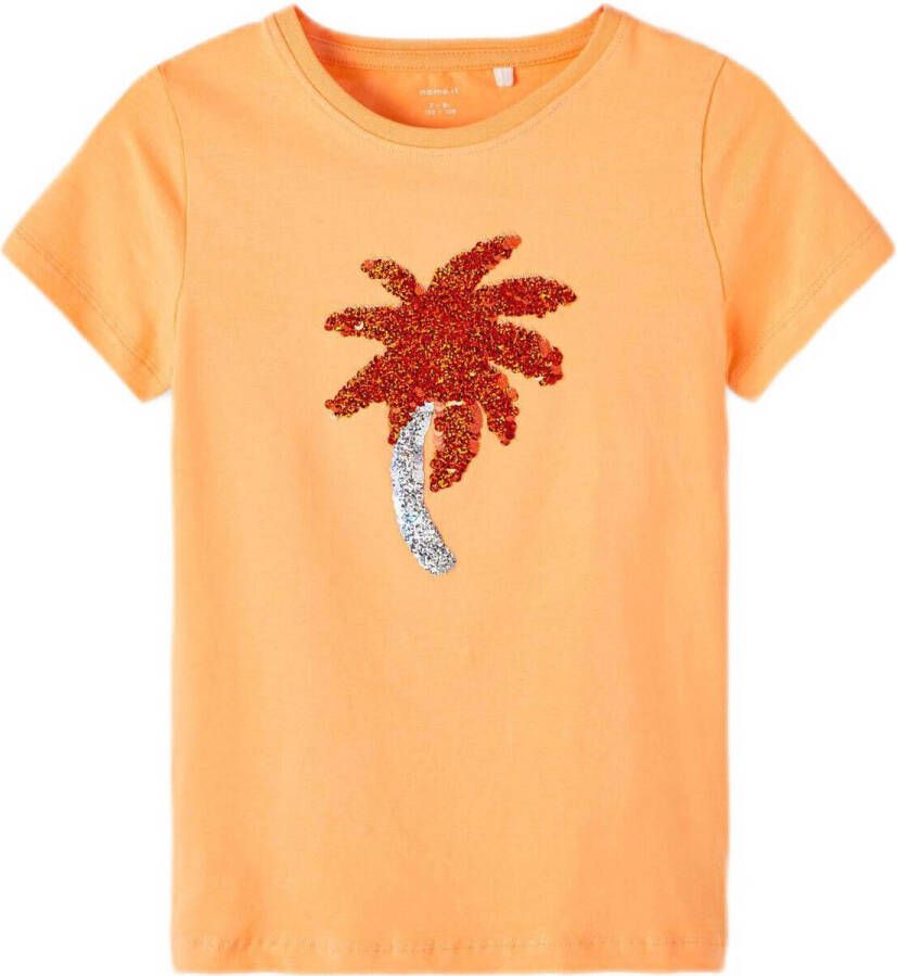 Name it KIDS T-shirt NKFHAPSTAR met printopdruk en pailletten oranje Meisjes Stretchkatoen Ronde hals 122 128
