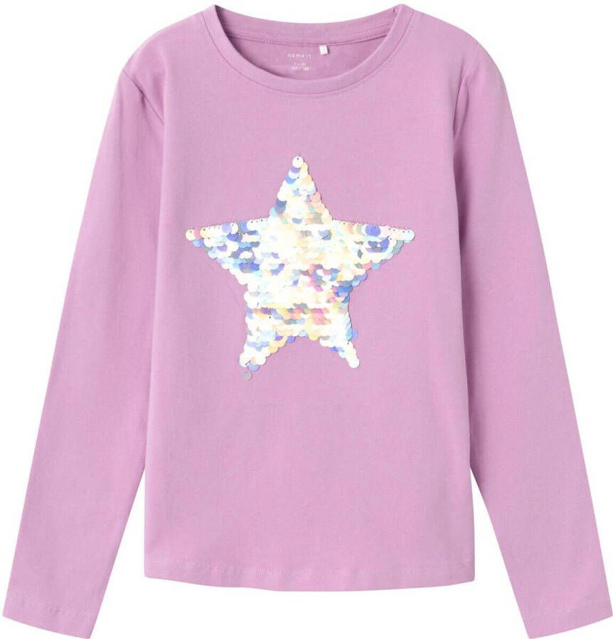 Name it KIDS longsleeve NKFLINSTAR met printopdruk en pailletten roze Meisjes Stretchkatoen Ronde hals 146 152 - Foto 4
