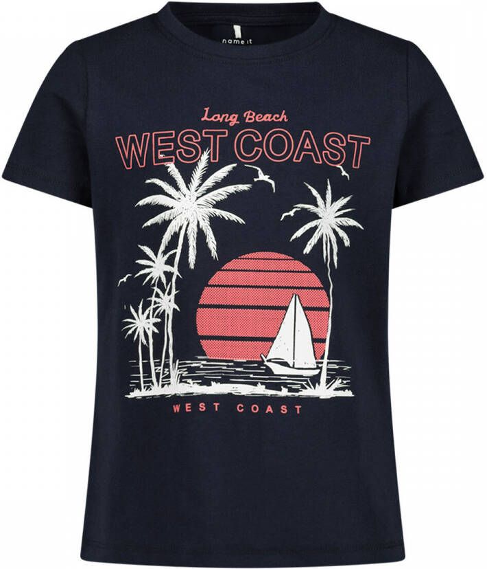 Name it T-shirt met katoen donkerblauw Printopdruk 122-128