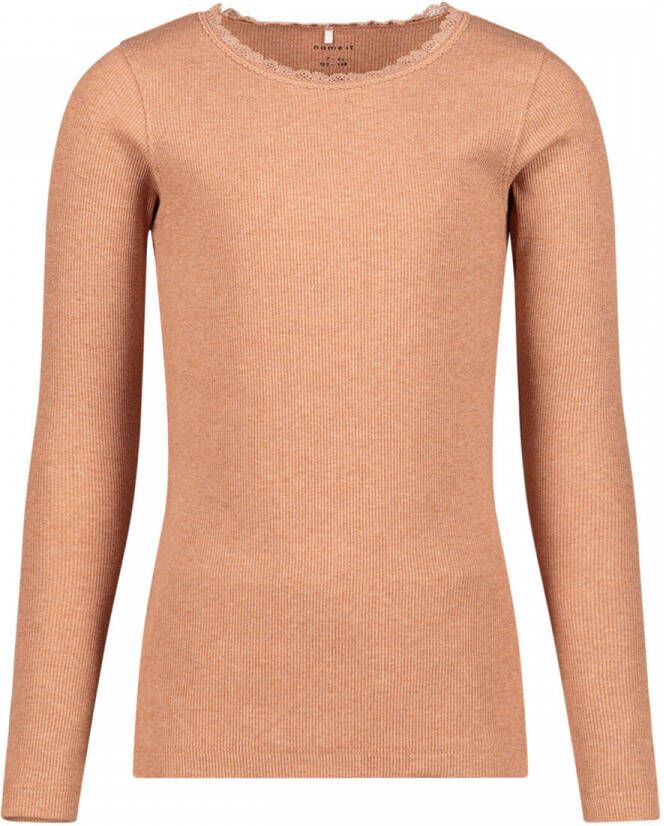 Name it KIDS ribgebreide longsleeve NKFKAB met biologisch katoen camel Bruin Meisjes Katoen (biologisch) Ronde hals 146 152