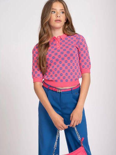 NIK&NIK fijngebreide top Goldie met all over print felroze blauw T-shirt Meisjes Viscose Polokraag 128