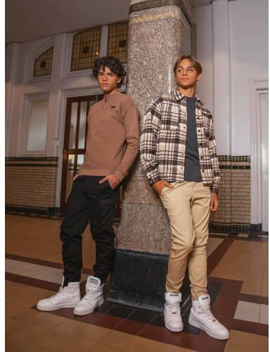 NIK&NIK geruit overshirt Lucas donkerbruin ecru Overhemd Jongens Polyester Klassieke kraag 164