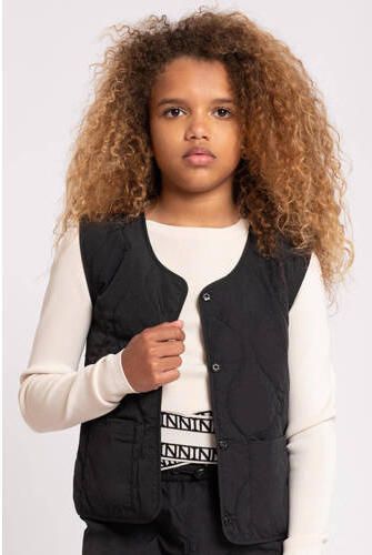 NIK&NIK reversible gilet Vico zwart zacht olijfgroen Meisjes Nylon Ronde hals 152