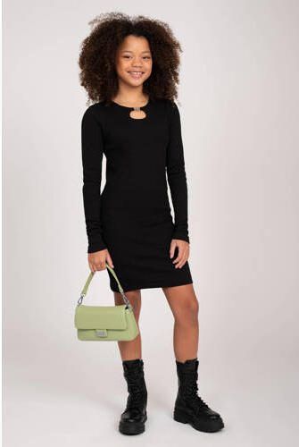 NIK&NIK ribgebreide jurk Presley zwart Meisjes Polyester Ronde hals Effen 140