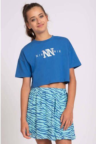 NIK&NIK T-shirt Spray met logo helderblauw Meisjes Katoen Ronde hals Logo 128